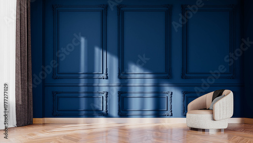 3D interior render with blank blue wall. Ideal for showcasing artwork, prints, posters, or interior design and decor concepts.