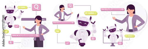 Set Woman Office worker communicating with AI chatbot assistant flat illustration. artificial intelligence helping employees automate tasks.