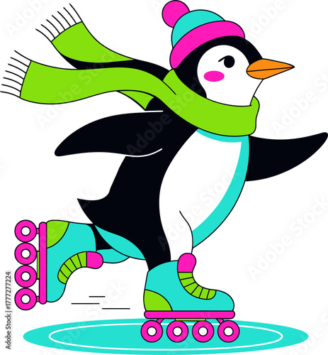 Penguin Ice Skating on Holographic Rink with Neon Rollerblades Flat Vector
