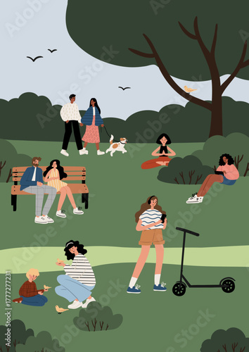 Flat vector illustration of park: Caucasian and African American people of all ages. Couple walking dog, family feeding birds, girl with scooter, people reading, meditating and relaxing.