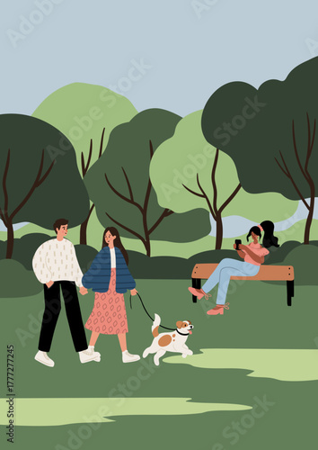 Flat vector illustration of park: Caucasian couple walking dog on green lawn, African American woman sitting on bench talking on phone. Trees, nature, outdoor leisure area, open-air relaxation.