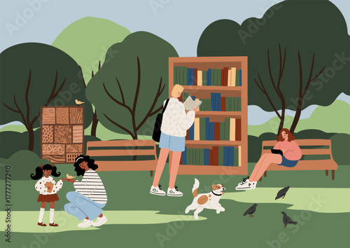 Flat vector illustration of park: man picking book at outdoor library, woman reading on bench, African American mother with daughter feeding birds, dog playing on grass. Green space with trees.