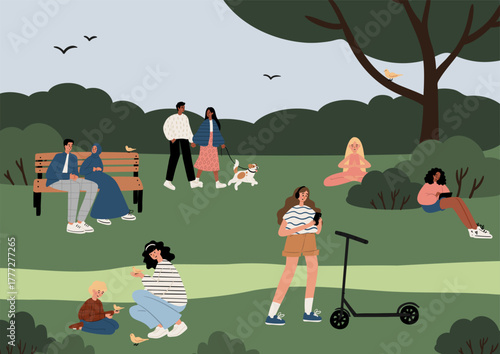 Flat vector illustration of park: Caucasian, African American, and Muslim people of all ages. Couple walking dog, family feeding birds, girl with scooter, people reading, meditating, and relaxing.