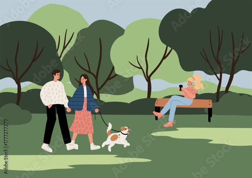 Flat vector illustration of park: Caucasian couple walking dog on green lawn, European blonde woman sitting on bench talking on phone. Trees, nature, outdoor leisure area and open-air relaxation.