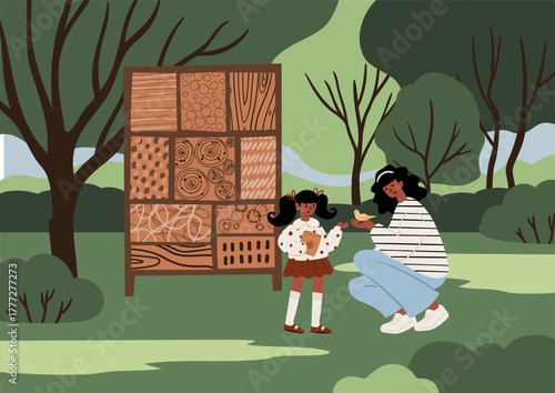 Flat vector illustration of park: African American mother and daughter feeding birds near wooden insect house. Summer green space with trees, nature, outdoor leisure area, eco zone, family relaxation.