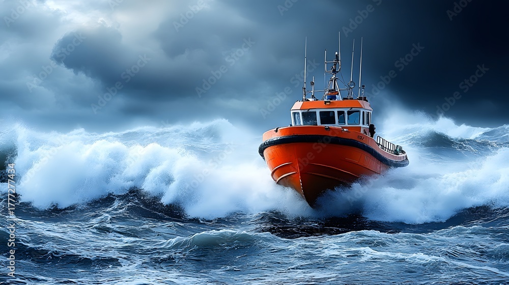 Naklejka premium Rescue boat navigating through rough sea waves during a storm at dusk