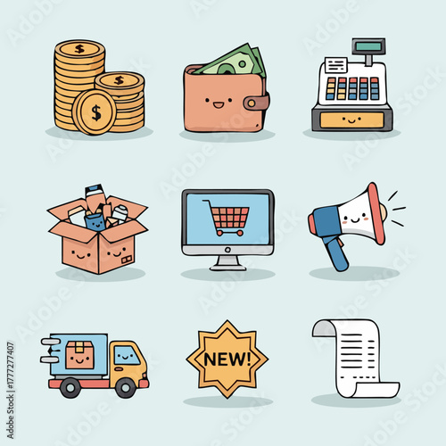 Cute shopping icons: money, wallet, cash register, box, computer, megaphone, truck, new, receipt.