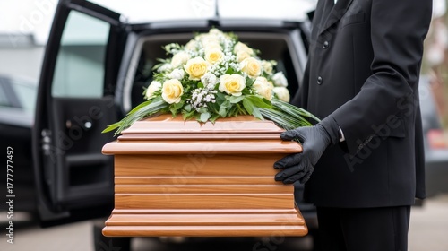 A funeral director, dressed in a dark suit and wearing gloves, carefully holds a beautifully crafted wooden casket adorned with flowers