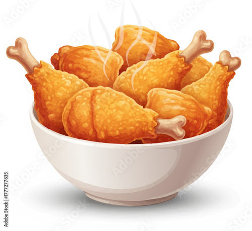 Bowl of crispy fried chicken (drumsticks and thighs), digital illustration isolated.