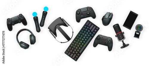 Картината върху платно Gaming gear collection including RGB keyboard, controllers, webcam, headphones,