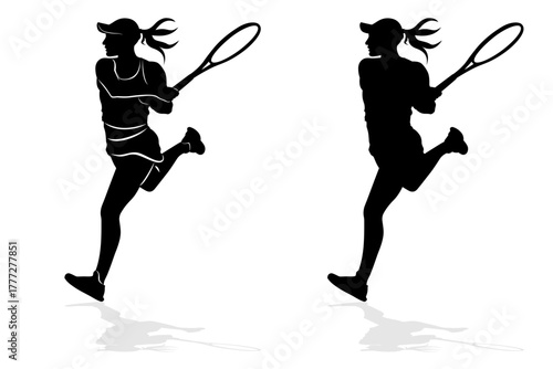 isolated silhouette of a woman tennis  player, black and white vector drawing, white background