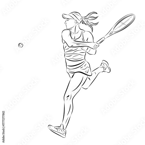 isolated illustration of a woman tennis  player, black and white vector drawing, white background