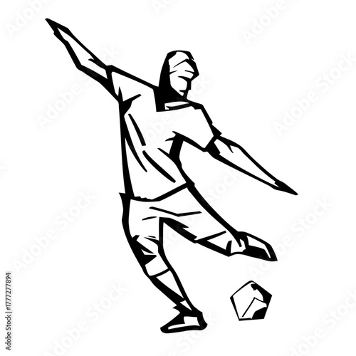 isolated illustration of stylized soccer player , black and white vector drawing, white background