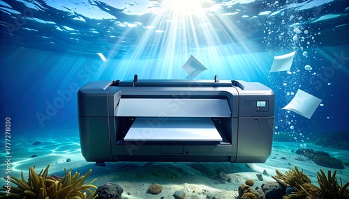 Printer surrealistically submerged underwater, bathed in sunlight with paper floating