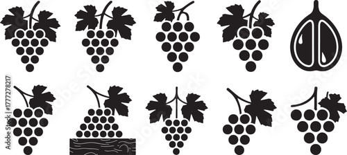 Black silhouette grape clusters and halved fruit icons on white background grapes food
