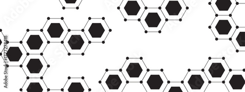 Abstract geometric hexagonal pattern with black, gray, and white hexagons connected by small dots and thin lines. Modern, minimalist, and scientific and technological aesthetic.