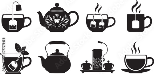 Black silhouette icons of teacups teapots and tea brewing accessories tea bag hot drink