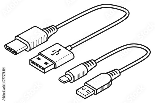 USB Cable and Charger Connector Line Icons Set | Type-C, Lightning, Micro USB, and Standard USB Vector Illustration.