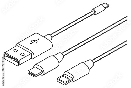 USB Cable and Charger Connector Line Icons Set | Type-C, Lightning, Micro USB, and Standard USB Vector Illustration.
