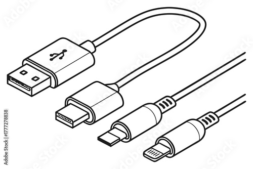 USB Cable and Charger Connector Line Icons Set | Type-C, Lightning, Micro USB, and Standard USB Vector Illustration.