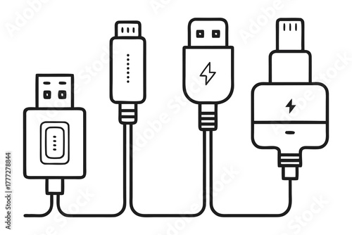 USB Cable and Charger Connector Line Icons Set | Type-C, Lightning, Micro USB, and Standard USB Vector Illustration.
