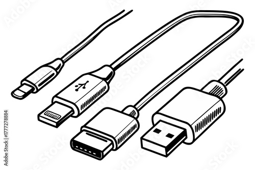 USB Cable and Charger Connector Line Icons Set | Type-C, Lightning, Micro USB, and Standard USB Vector Illustration.