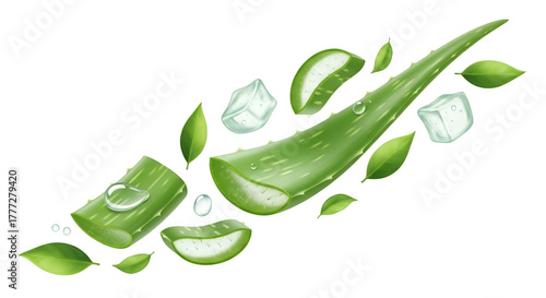 Sliced aloe vera leaves with ice cubes and green leaves on black plant succulent