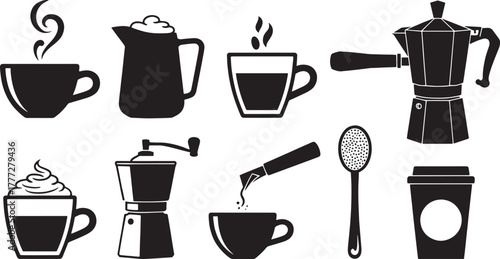 Black vector icons of coffee cups and brewing equipment on white steam