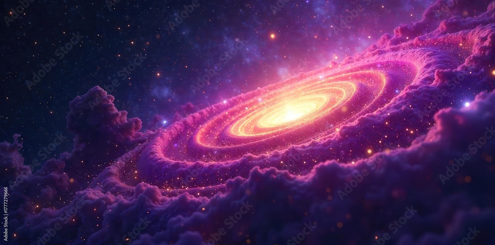 Naklejka premium A swirling nebula of ethereal purple and gold dusts across a deep black void, hinting at ancient cosmic mysteries and untold celestial wonders , light, cosmic, gold