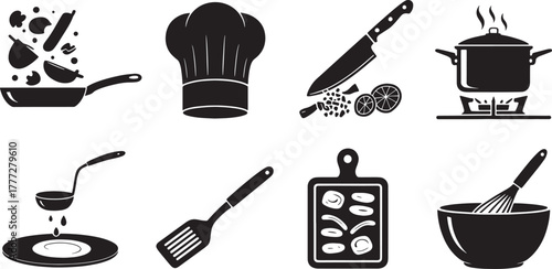 Collection of black kitchen utensils and cooking elements on white background food preparation