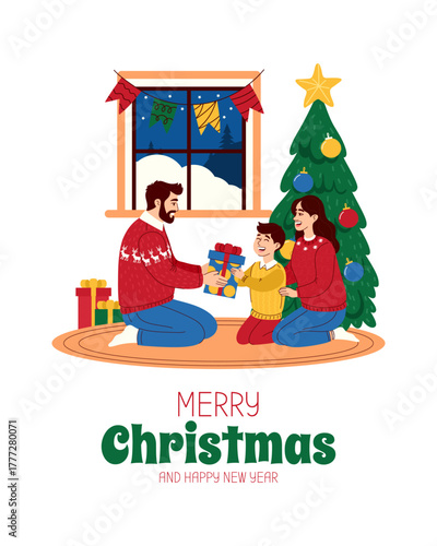 Family gift exchange by the Christmas tree. Merry Christmas and Happy New Year