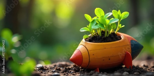 A vibrant array of seedlings bursting forth from a newly constructed rocket-shaped planter, representing a whimsical and innovative approach to urban gardening , rocket planter,  spring,  farming