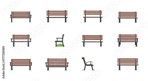 This image displays a collection of twelve vector icons of various park and street benches. The benches feature wooden slats and dark metal frames, presented in both front and side views.