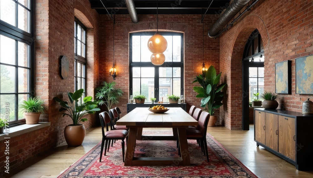 Fototapeta premium High-ceilinged loft dining room with exposed brick, large windows, and a rustic wooden dining table Industrial chic design, perfect for entertaining , contemporary, rustic