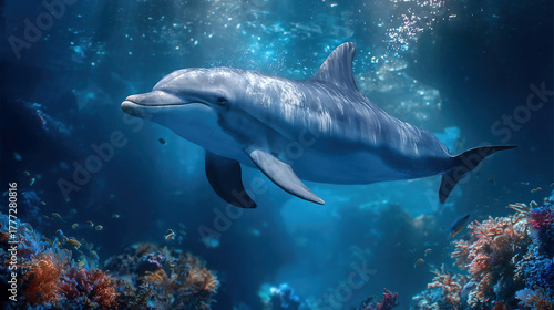 Wallpaper Mural A vibrant underwater scene showcasing dolphins gracefully swimming through a lush kelp forest, sunlight streaming through the water, illuminating the swaying kelp and creating a serene marine paradise Torontodigital.ca