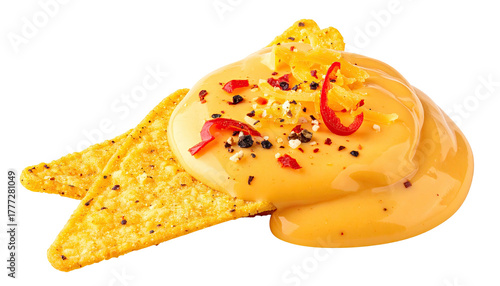 Nachos covered in cheese sauce, pepper, and red chili flakes