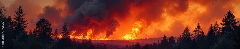 Naklejka premium Fiery orange and black smoke billows from a burning forest, trees engulfed in flames, creating a dramatic and chaotic scene of nature's destructive power , forest fire, towering flames