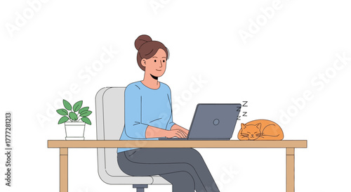 Woman working from home with sleeping cat at the desk with laptop and plant drawing