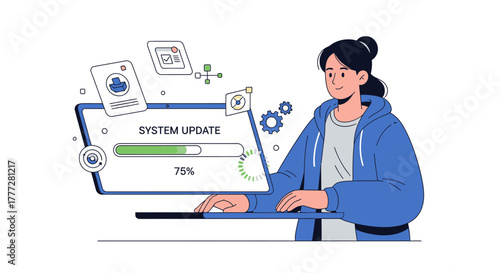 Illustration of a woman overseeing a system software update on her laptop computer