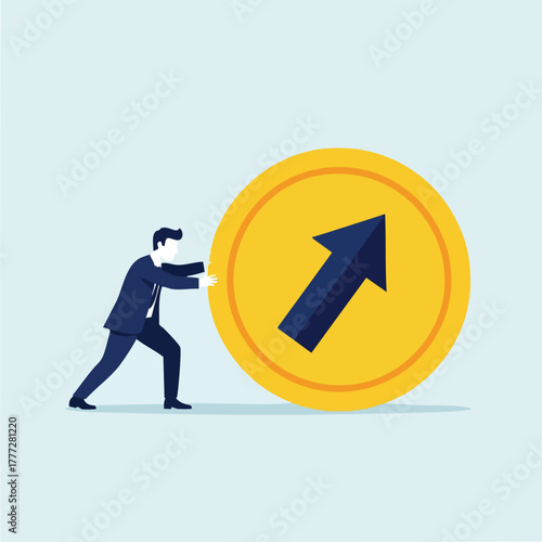 Person Pushing Large Gold Coin With Upward Arrow.