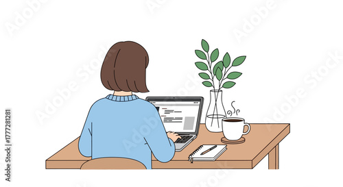 Illustration of a woman working at a desk with a laptop and enjoying a relaxing moment with a coffee