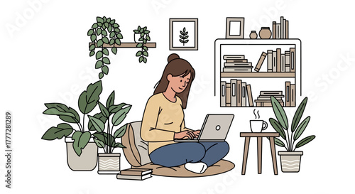 Woman working from home surrounded by houseplants and comfortable furniture design