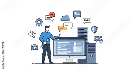 System administrator fixing software bugs and server issues with a wrench in a digital world