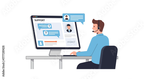 Illustration of a male customer service representative providing online support on computer