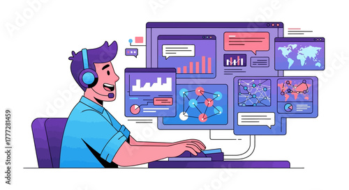 Illustration of a digital worker managing global data analytics with multiple screens and a