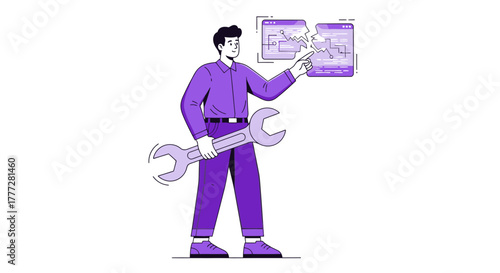 Website breakdown conceptual illustration depicting a developer facing a broken program
