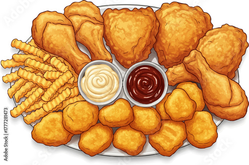 Gourmet fast food platter: Crispy fried chicken, fries, and dipping sauces, isolated digital art.