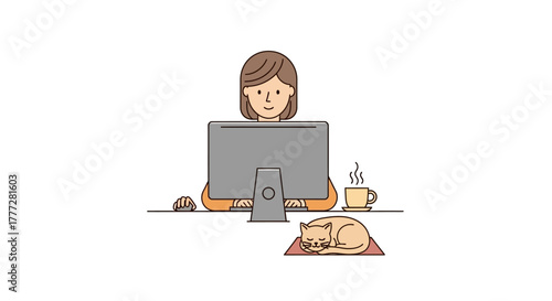 Illustration of a woman working at her computer with her cat and a cup of tea near