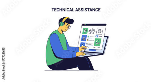 Expert technical assistant providing remote online support, using laptop computer and headset to