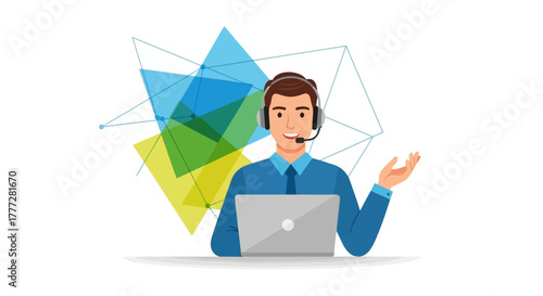 Man with headset providing customer service with abstract polygon decoration